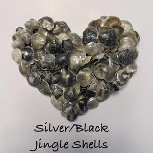 May include: A heart-shaped arrangement of silver and black jingle shells. The shells are clustered closely together, creating a textured surface. The text "Silver/Black Jingle Shells" is written in a cursive font below the heart.