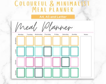 Meal Planner Printable | Minimalist and Colourful Meal Planner | Weekly Meal Planner | Weekly Food Planner | Menu plan | Meal Prep