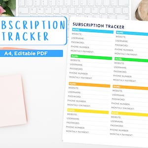 Subscription Tracker | Subscription Template | Editable PDF | Instant Download