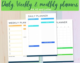 Daily Planner Printable | Weekly Planner Printable | Monthly Planner Printable | 3 in 1 Minimalist Daily, Weekly and Monthly Planner Bundle