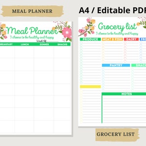 Meal Planner Printable with Grocery List Printable, Editable PDF, Weekly Meal Planner, Weekly Food Planner, Weekly Menu Planner, Meal prep