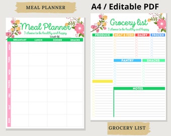 Meal Planner Printable with Grocery List Printable, Editable PDF, Weekly Meal Planner, Weekly Food Planner, Weekly Menu Planner, Meal prep