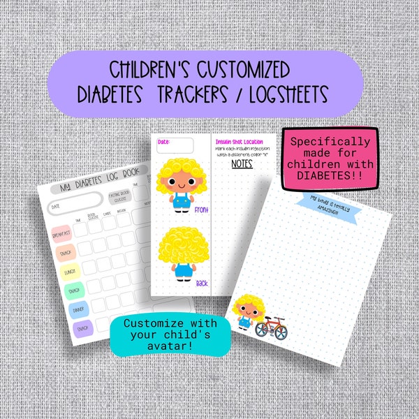 Personalized CHILDREN'S DIABETES TRACKER, Insulin Shot Log Sheet, Meal Planner, Foods/Recipes to Try & Affirmation Bullet Journal Pages