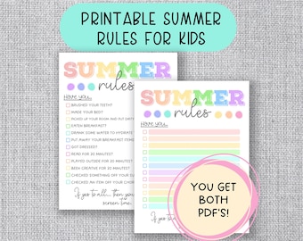 PRINTABLE SUMMER RULES for kids, Summer Routine and Chore Chart, Instant Download