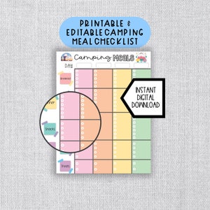 EDITABLE PRINTABLE MEAL Planning Checklist for Camping, Printable Pdf and Editable Versions Included, Bonus 8-day Meal Ideas Included