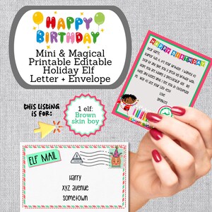 Mini Carta de Elfo Editável para Aniversário para 1 menino elfo com pele morena, Mensagem Mágica com Envelope, Feliz Aniversário do Elfo de Natal