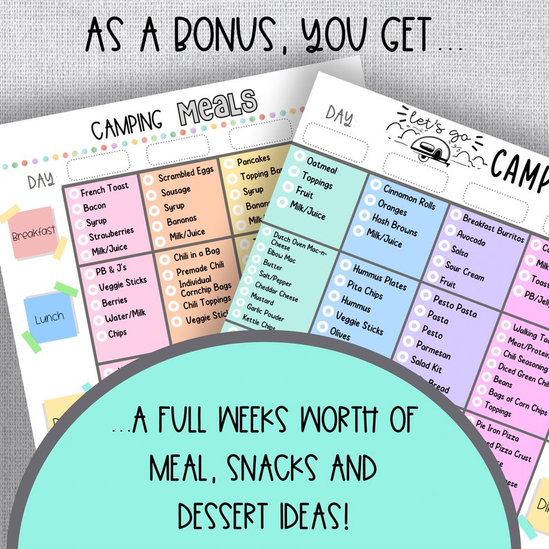 May include: A printable checklist for camping meals, snacks, and desserts. The checklist is divided into two sections: "Camping Meals" and "Let's Go Camping". The checklist includes a variety of food items, such as pancakes, oatmeal, chili, hummus, and pasta.
