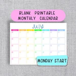 Könnte beinhalten: Ein druckbarer leerer Monatskalender für Juli mit einem Regenbogen-Farbschema. Der Kalender beginnt mit Montag und hat Platz für jeden Tag der Woche.