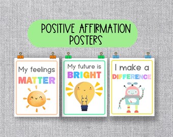 POSITIVE AFFIRMATION POSTERS for Kids, Printable Digital Download Wall Art, Inspirational Children&#39;s Room Decor, Classroom Poster Reminders