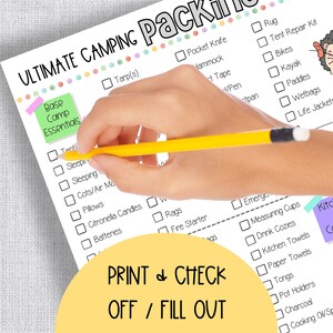 May include: A printable checklist for camping essentials. The checklist is divided into two sections: Base Camp Essentials and Packing. The checklist includes items such as a tent, sleeping bag, sleeping pad, first aid kit, food, water, and toiletries.
