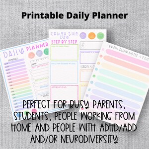 May include: Printable daily planner with colorful watercolor designs. The planner includes sections for scheduling, goal setting, affirmations, and brain dumping. The text "CRUSH THIS DAY STEP BY STEP" is featured on the planner.