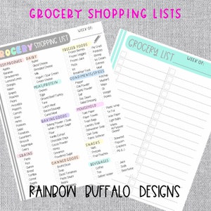 May include: A printable grocery shopping list template with two pages. The left page has a pink and blue color scheme and the right page has a blue and green color scheme. The list is divided into categories such as fresh produce, dairy, freezer foods, condiments, household, baking goods, canned goods, beverages, and snacks. The list includes checkboxes for each item.