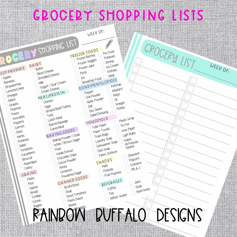 May include: A printable grocery shopping list template with two pages. The left page has a pink and blue color scheme and the right page has a blue and green color scheme. The list is divided into categories such as fresh produce, dairy, freezer foods, condiments, household, baking goods, canned goods, beverages, and snacks. The list includes checkboxes for each item.