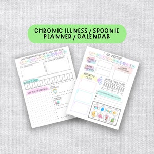 May include: Two printable planner pages for people with chronic illnesses. The left page has a daily schedule, a "Block it Out" section, and a "Get Outta My Mind" section. The right page has a "Today I Feel" section, a "Today I Manifest" section, a "Priority to Do" section, an energy level tracker, and a "Today's Affirmation" section.