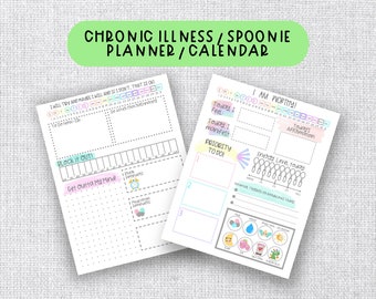 Op de afbeelding: Twee printbare plannerpagina's voor mensen met chronische ziekten. De linkerpagina heeft een dagschema, een "Block it Out"-sectie en een "Get Outta My Mind"-sectie. De rechterpagina heeft een "Today I Feel"-sectie, een "Today I Manifest"-sectie, een "Priority to Do"-sectie, een energieleveltracker en een "Today's Affirmation"-sectie.