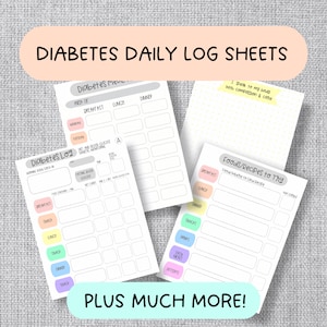 May include: Printable diabetes daily log sheets with colorful designs. The sheets include sections for tracking blood sugar, meals, and recipes to try. The text "I speak to my body with compassion & care" is on one of the sheets.