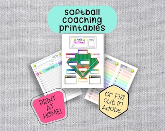 May include: Printable softball coaching resources, including a field position diagram, a roster sheet, and an attendance sheet. The text "Print at Home!" and "or Fill out in Adobe" is included on the image.