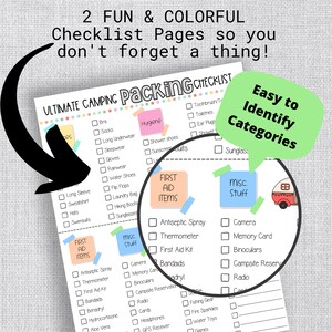 May include: A printable checklist for camping with categories for hygiene, first aid, misc. stuff, and camping gear. The checklist is designed to help campers remember everything they need for their trip. The checklist is colorful and easy to read.