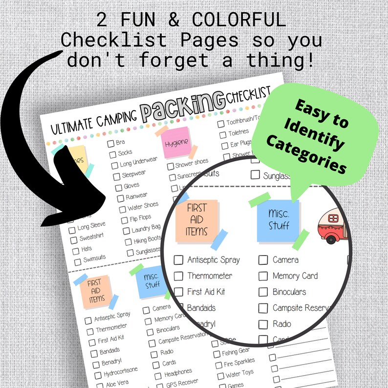 May include: A printable checklist for camping with categories for hygiene, first aid, misc. stuff, and camping gear. The checklist is designed to help campers remember everything they need for their trip. The checklist is colorful and easy to read.
