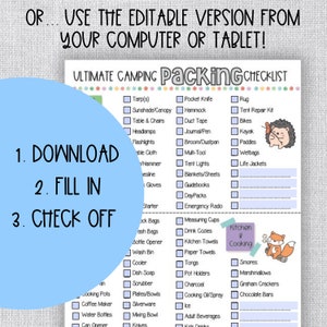 May include: A printable camping checklist with a colorful design. The checklist is divided into two columns, one for general camping supplies and one for kitchen and cooking items. The checklist includes items such as a tarp, hammock, tent repair kit, flashlights, a multi-tool, blankets, guidebooks, daypacks, measuring cups, drink cozies, kitchen towels, paper towels, tongs, smores, marshmallows, graham crackers, and chocolate bars.