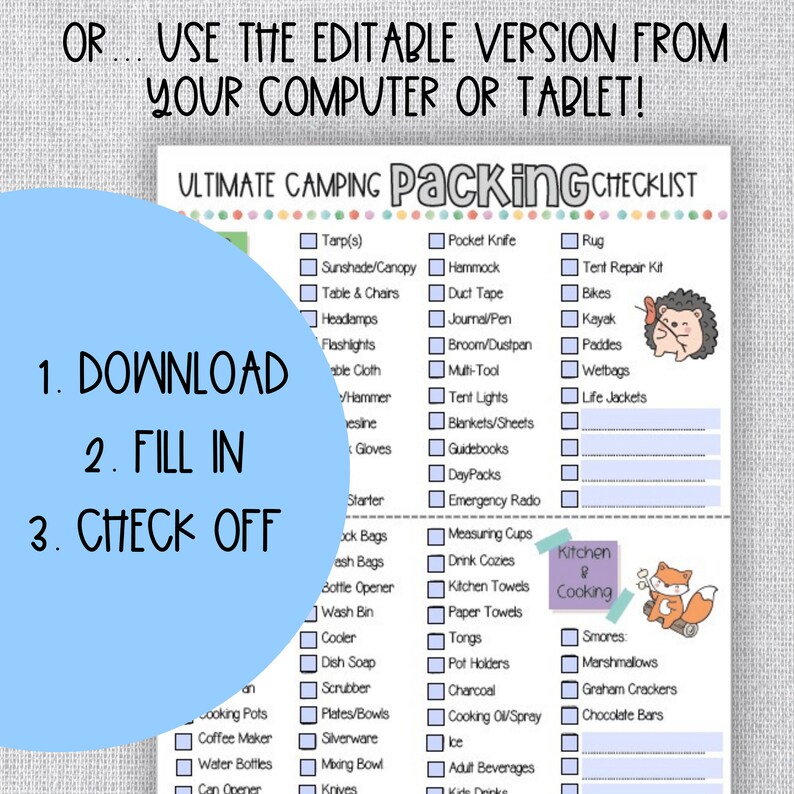 May include: A printable camping checklist with a colorful design. The checklist is divided into two columns, one for general camping supplies and one for kitchen and cooking items. The checklist includes items such as a tarp, hammock, tent repair kit, flashlights, a multi-tool, blankets, guidebooks, daypacks, measuring cups, drink cozies, kitchen towels, paper towels, tongs, smores, marshmallows, graham crackers, and chocolate bars.