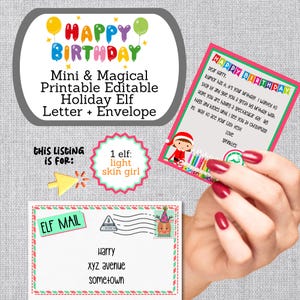 Mini carta editable de elfo para cumpleaños para una niña elfa de piel clara, mensaje mágico con sobre, feliz cumpleaños de parte de un elfo navideño