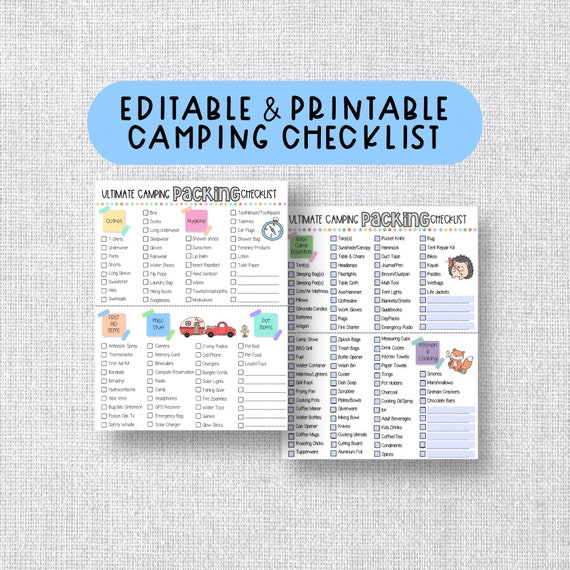 Editable Camping Packing List: Printable Checklist & Meal Plan (Digital Download ONLY - must print at home)