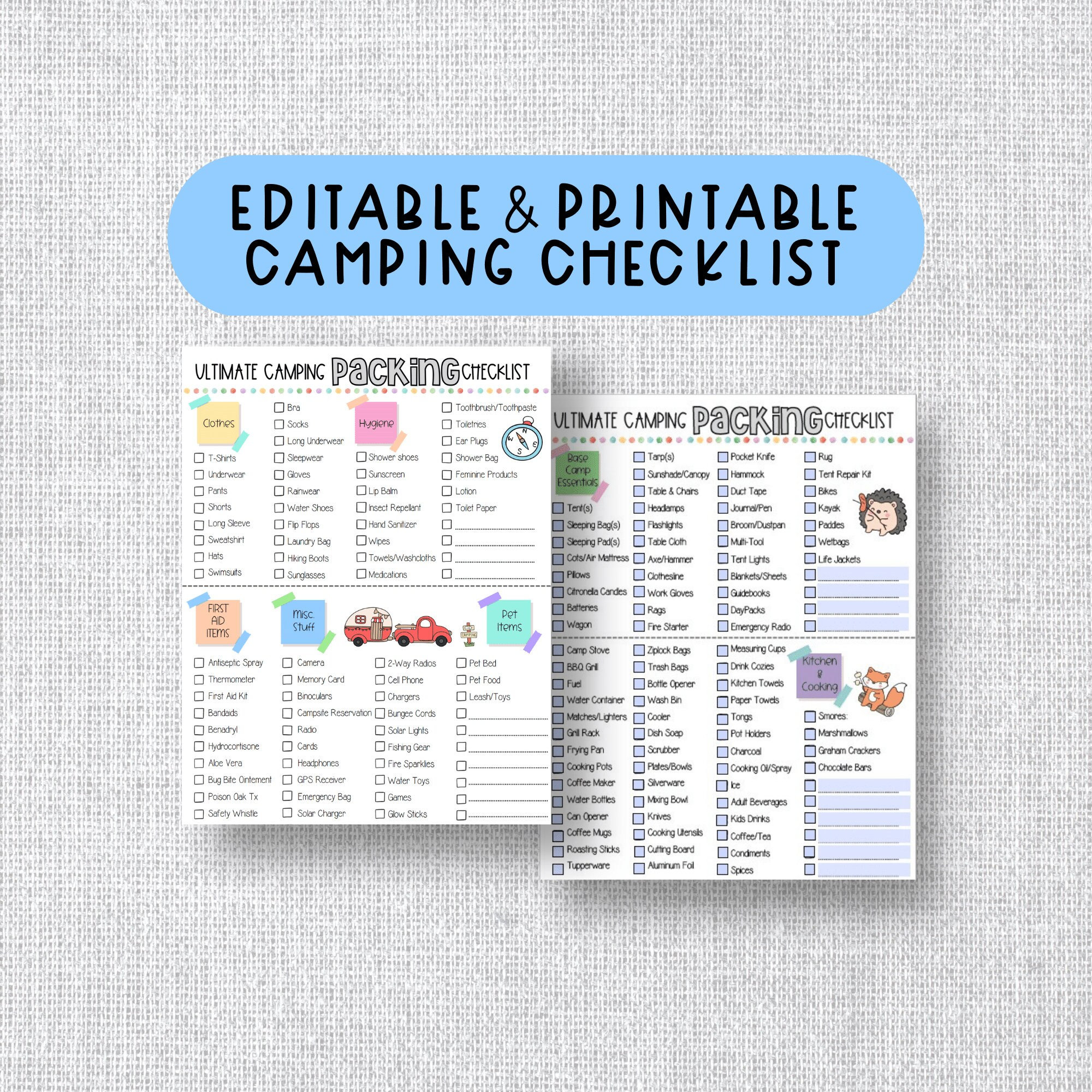 EDITABLE PRINTABLE PACKING List for Camping, with clear categories and prefilled forms and blank forms, Bonus 8-day Meal Plan Included