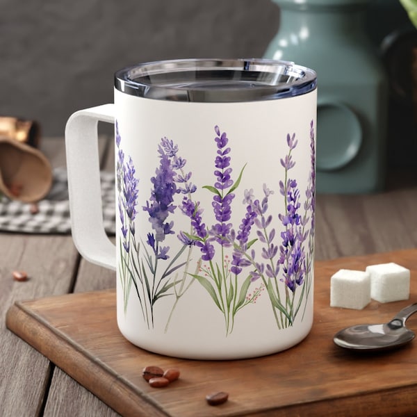 Insulated Lavender Botanical Gardening Travel Mug | Boho Floral Cottagecore Insulated Thermos | Fairycore Forestcore Granola Girl Gifts