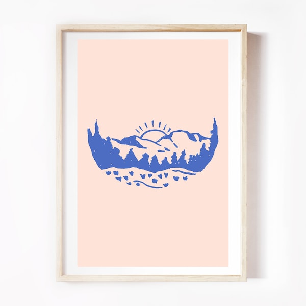 Art de montagne, Art boho, Pêche, Bleu, Orange, Art Mur, Téléchargement numérique, Art, Impression d’art, Coucher du soleil, Art minimaliste, Art de la nature, Chambre à coucher