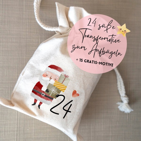 Adventskalender Zahlen als Bügelbilder zum Aufbügeln, 24 Türchen als Bügelbild + 15 einzelne weihnachtliche Motive, Design: süße Weihnachten