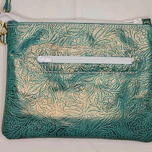 Ladies Leather Pouchette Purse, Green/bronze floral, handmade, lined, purse, crossbody