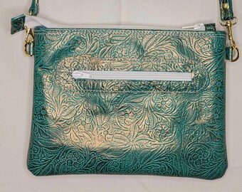 Ladies Leather Pouchette Purse, Green/bronze floral, handmade, lined, purse, crossbody