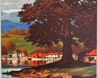 Large Vintage Canvas Picture Print, Peaceful Cove by Ted Withers, Oak Tree, Lake, Village, Rich Color