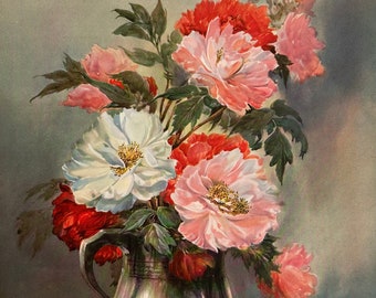 Peonies, Vintage 1937 WE Powell Floral Print, 16x12 Cottage Farmhouse Wall Decor