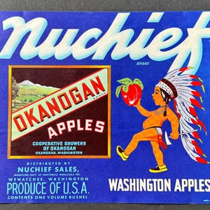Original Vintage 1950s Nuchief Brand Apple Crate Label – Okanogan Brand Apples, Washington, Decorating Idea, Ready to Frame