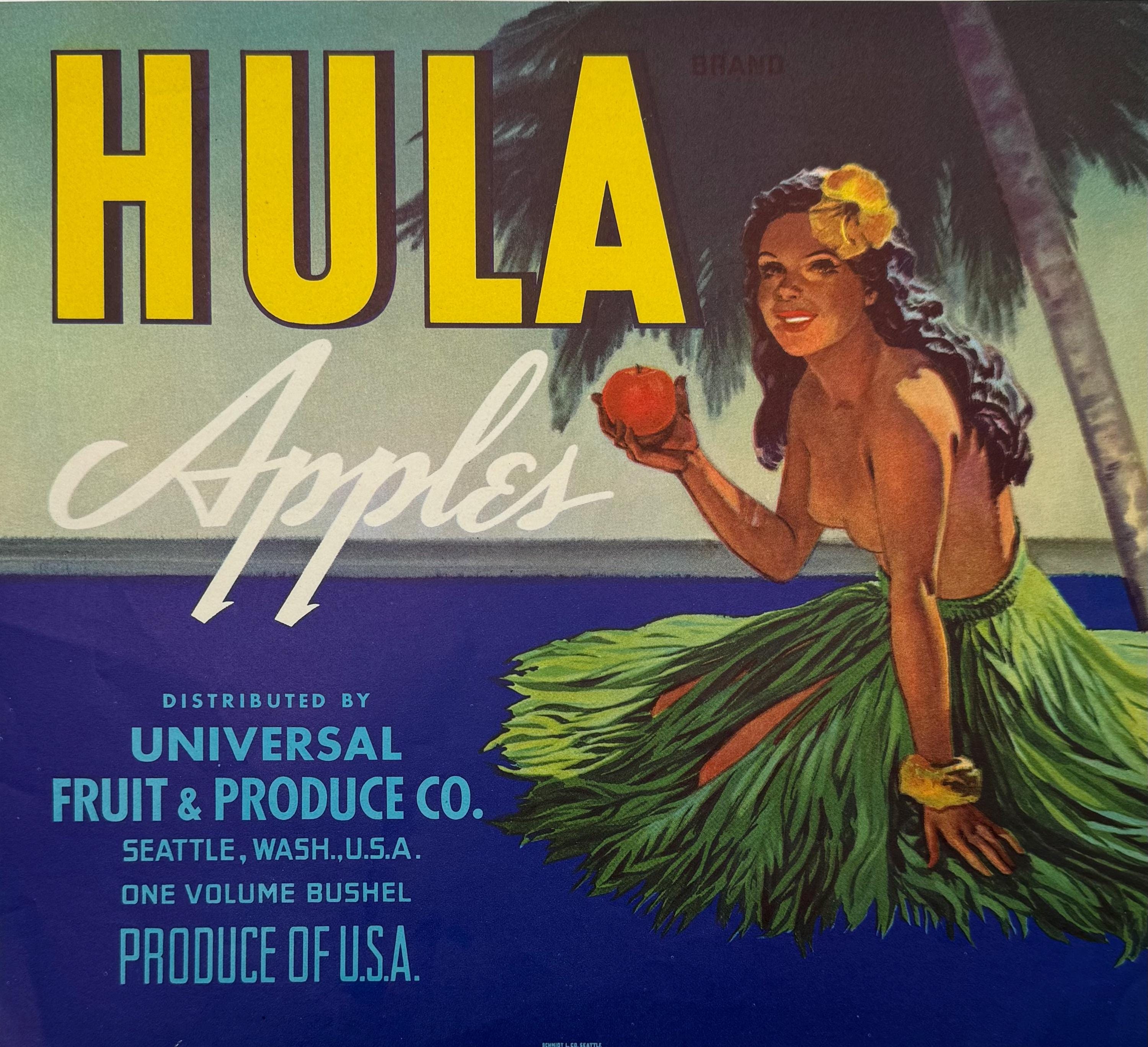 Vintage Hula Apples Fruit Crate Label: Hawaiian Girl Graphic