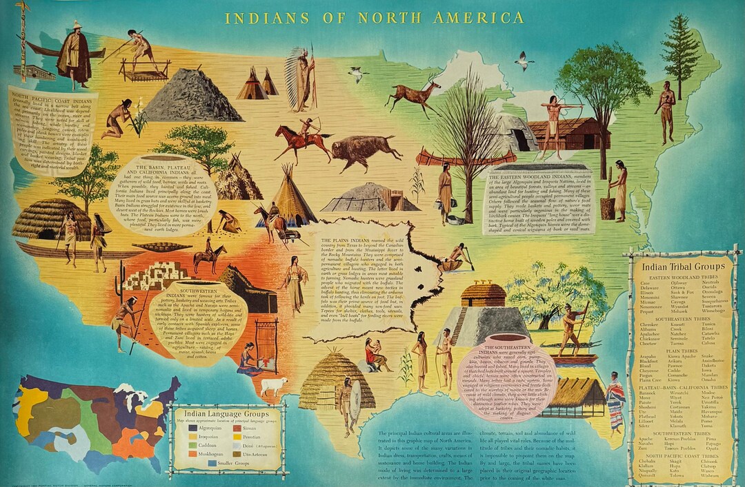 Vintage 1960 Indians of North America Map Poster Large Native American ...