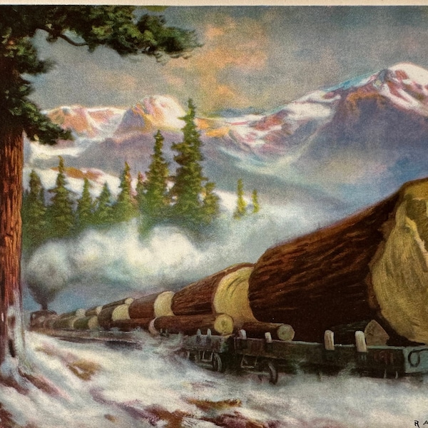 Vintage R. Atkinson Fox 1920s Western Print A Fallen Monarch, Log Train Rustic Landscape