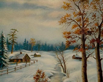 Vintage Winter Wonderland Art Print, 7.5x5.5 Snow Scene Decor