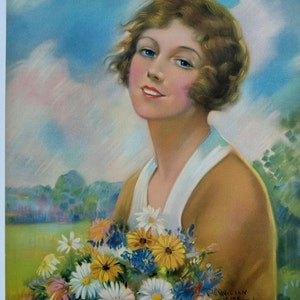 May include: A woman with short, wavy brown hair and blue eyes is holding a bouquet of colorful daisies. She is wearing a brown and white dress and is smiling. The background is a soft blue sky with white clouds.