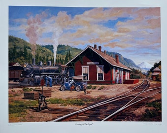 1993 Signed and Numbered J. Craig Thorpe Railroad Fine Art Poster Print Evening at the Depot, Issaquah Historical Society, Home Decor