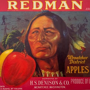 Redman Brand, Original Vintage 1940s Apple Fruit Crate Label, Wenatchee District  Apples, Wenatchee Washington, Red Label