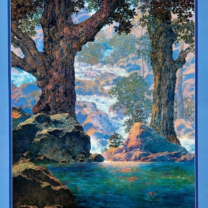 May include: A painting of a lush forest scene with two large trees flanking a cascading waterfall. The water flows into a clear blue pool surrounded by rocks. The trees have thick trunks and leafy branches, creating a sense of peace and tranquility.