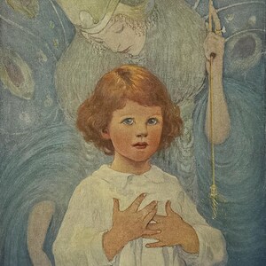 May include: A young child with red hair and blue eyes looks up at a woman with wings. The woman is wearing a white dress and has a long, flowing cape. The background is a dark blue with stars.