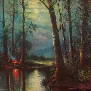May include: An atmospheric painting of a moonlit forest scene. Tall trees line the water's edge, reflecting in the calm water. A small fire glows on the left bank, adding a warm contrast to the cool blues and greens of the night.