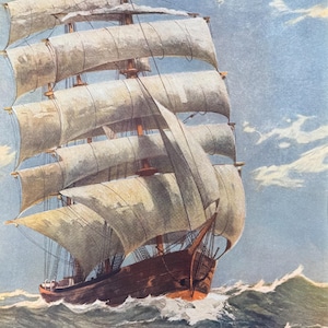 Nautical Vintage Art Print – Tall Sailing Ship on the Ocean – 15.5 x 11.75 Maritime Decor – Nautical Wall Art