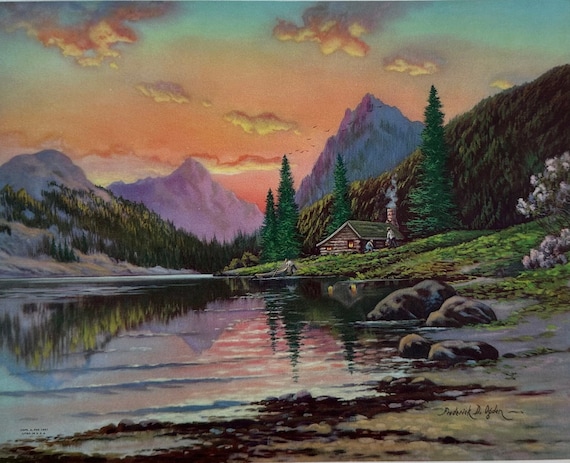 Vintage Mountain Twilight 8x10 Print, 1957 Sunset Cabin Landscape