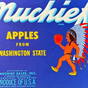 Original Vintage Nuchief Brand Apples from Washington State Crate Label – Wenatchee, Washington, Decorating Idea, Ready to Frame