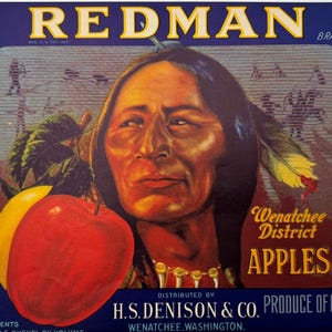 Redman Brand, Original Vintage 1940s Apple Fruit Crate Label, Wenatchee District  Apples, Wenatchee Washington, Blue Label